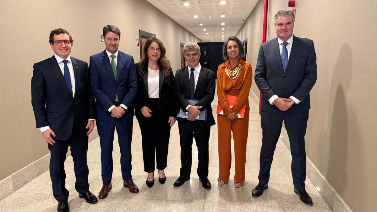 Na seq.: João Brito Martins, da EDP Brasil; Eduardo Capelastegui e Solange Ribeiro, da  Neoenergia; Augusto Miranda, da Equatorial; Patrícia Audi, presidente da ABRADEE; e Alexandre Nogueira, CEO da Light; durante a cerimônia de renovação de concessões de energia elétrica