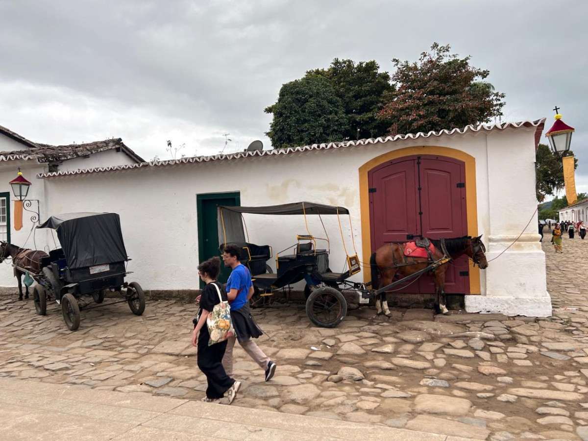 Lei pro&iacute;be, mas charretes movidas a cavalo circulam em Paraty