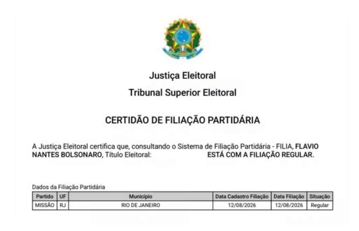 Flávio Bolsonaro foi filiado ao Missão, segundo o TSE