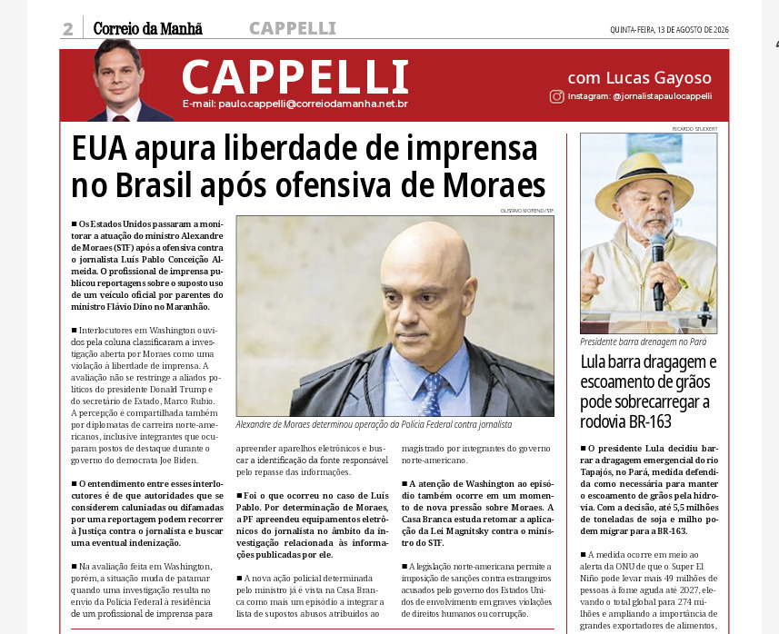 Financial Times confirma ofensiva de Trump a Moraes antecipada pelo Correio da Manh&atilde;