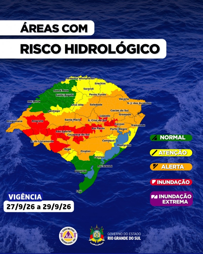 Rio Grande do Sul entra em alerta para chuva intensa e risco de inunda&ccedil;&atilde;o