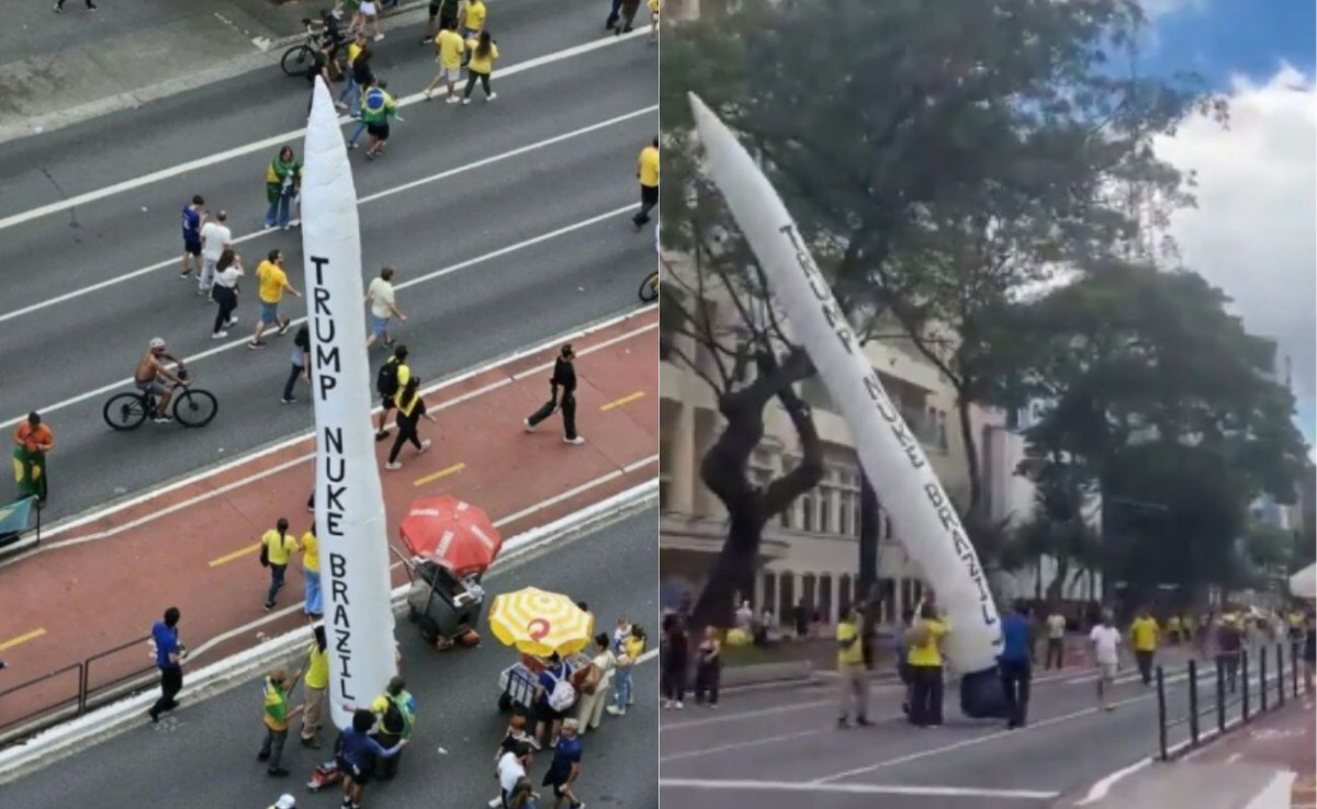 Apoiadores de Fl&aacute;vio levam m&iacute;ssil infl&aacute;vel a ato na Paulista com pedido para Trump bombardear o Brasil